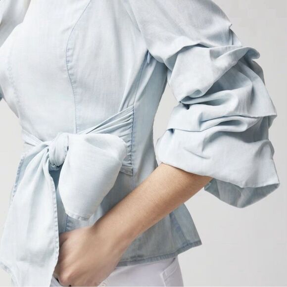 White House Black Market Bell Sleeve Blouse Womens Size 12 Denim Top Preppy Boho - Picture 3 of 14